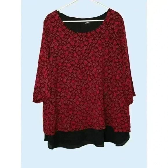 Catherines top 1X scoop neck 3/4 sleeve embroidered red on black - Picture 7 of 7